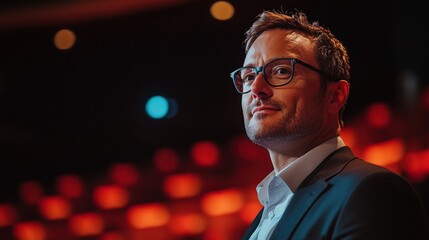 A TEDx speaker passionately discussing the future of innovation 