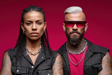 Obraz premium Confident modern couple showcasing edgy fashion with striking tattoos and bold hairstyles against a vibrant pink backdrop emphasizing individuality and contemporary style