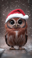 Fototapeta premium Festive owl in a Santa hat stands in the snow, its large eyes shining with holiday cheer. A winter wonderland of cuteness and magic.