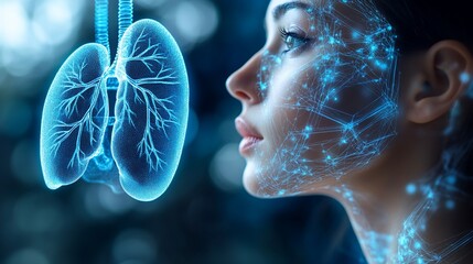Naklejka premium Conceptual depiction of human respiratory system with digital overlay on a face