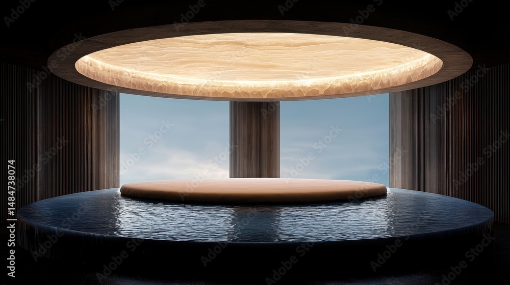 Poster a circular platform with a textured surface sits in a room with a large window and a circular ceilin