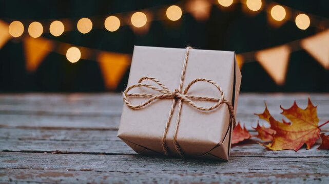 Gift box on rustic table with festive lights and autumn leaves creating cozy atmosphere