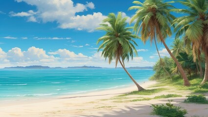 Tropical Beach Paradise with Palm Trees and White Sand