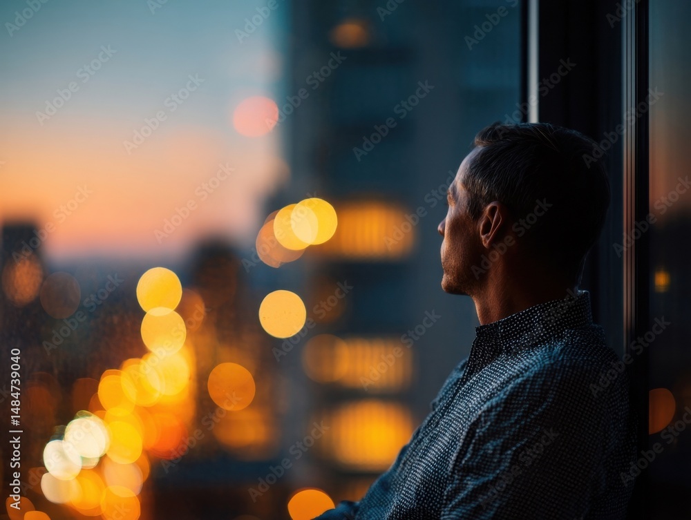 Poster man contemplating cityscape at sunset from window, representing solitude and urban reflection with a