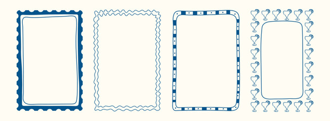 Whimsical hand drawn Italian postcard stamp set. Vintage Italy summer doodle borders. Minimalist blue frames, mediterranean elements for menu, wedding, prints, invitation. Coastal Isolated vector illu