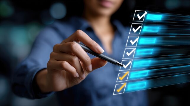 A person checking off tasks on a digital checklist with a pen.