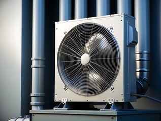 Fototapeta premium Large commercial air conditioning fan system with blue metal pipes in industrial setting, representing cooling infrastructure, airflow system, and energy efficiency