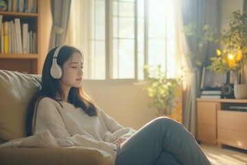 A woman with headphones relaxing on a sofa in a bright living room with natural light streaming in