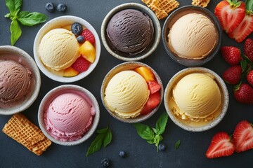 Colorful bowls filled with various artisanal gelato flavors sit on a dark surface. Fresh fruit garnishes and crispy wafers surround the bowls, creating a delightful dessert arrangement