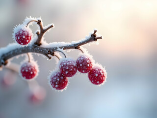 Frost Kissed Berries A Captivating Photorealistic Close up of Winter's Beauty on a Branch Adorned with Frozen Berries Sparkling in the Cold Light