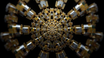 A mesmerizing fractal design with metallic gold and silver hues, expanding infinitely with geometric precision and reflective light.