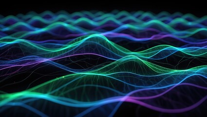 Fototapeta premium Abstract glowing brainwaves flowing in vibrant colors, symbolizing neural activity, set against a dark, tech-inspired backdrop.