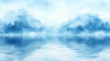 Obraz premium A serene misty lake with calm reflective waters, surrounded by foggy mountain ranges and dense evergreen forest