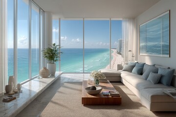 A close-up of a modern living room with a view of the ocean and beach in a newly built condo.