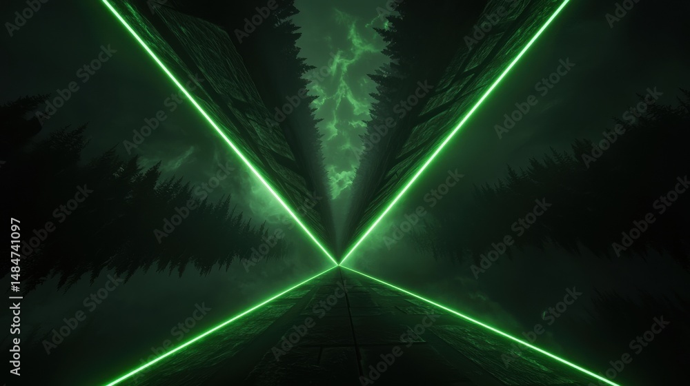 Poster a green laser beam cuts through a dark forest, illuminating the path and creating a surreal atmosphe