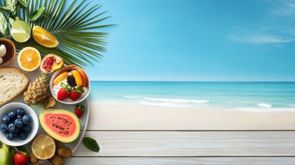 Fresh Tropical Fruits and Beach View with Clear Blue Sky Background