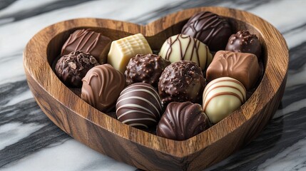 Heart-shaped chocolates, a sweet and delicious gift of assorted pralines in a brown box for Valentine's