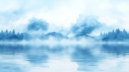 Obraz premium A serene misty lake with calm reflective waters, surrounded by foggy mountain ranges and dense evergreen forest