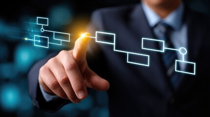 Fototapeta premium Businessman interacting with digital flowchart on a futuristic interface.