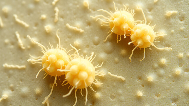 Microscopic fungi Malassezia furfur, 3D illustration showing yeast cells and hyphae. They are associated with dandruff, seborrhoeic dermatitis and tinea versicolor