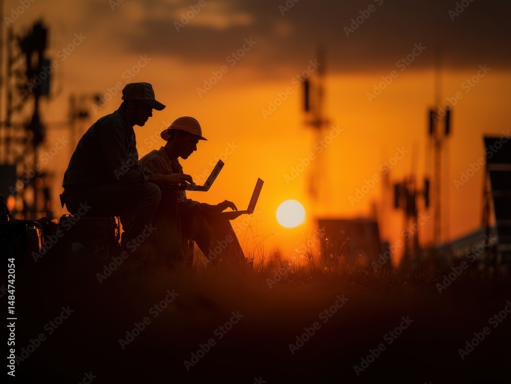 Poster Silhouette of Two Engineers Working on Laptops at Sunset Near Towers, Illustrating Teamwork in Infrastructure Projects and Modern Communication Technology : Generative AI
