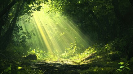 Obraz premium Sunbeams Illuminating a Lush Forest Path