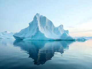 A Breathtaking View of a Majestic Iceberg with its Stunning Frosty Whites and Blues Gleaming Under the Soft Light of the Arctic Sun on Calm Waters