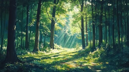Obraz premium Sunbeams Dancing Through the Emerald Canopy: A Serene Forest Path