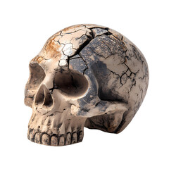 Fototapeta premium Cracked Skull Statue Gothic Decor Halloween Human Skull Model isolated on transparent background
