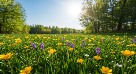 Obraz premium Wildflowers Bloom in Meadow on Sunny Day, Creating Vibrant Landscape with Lush Greenery
