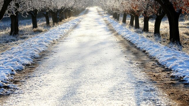A snow-covered road with trees on either side.
