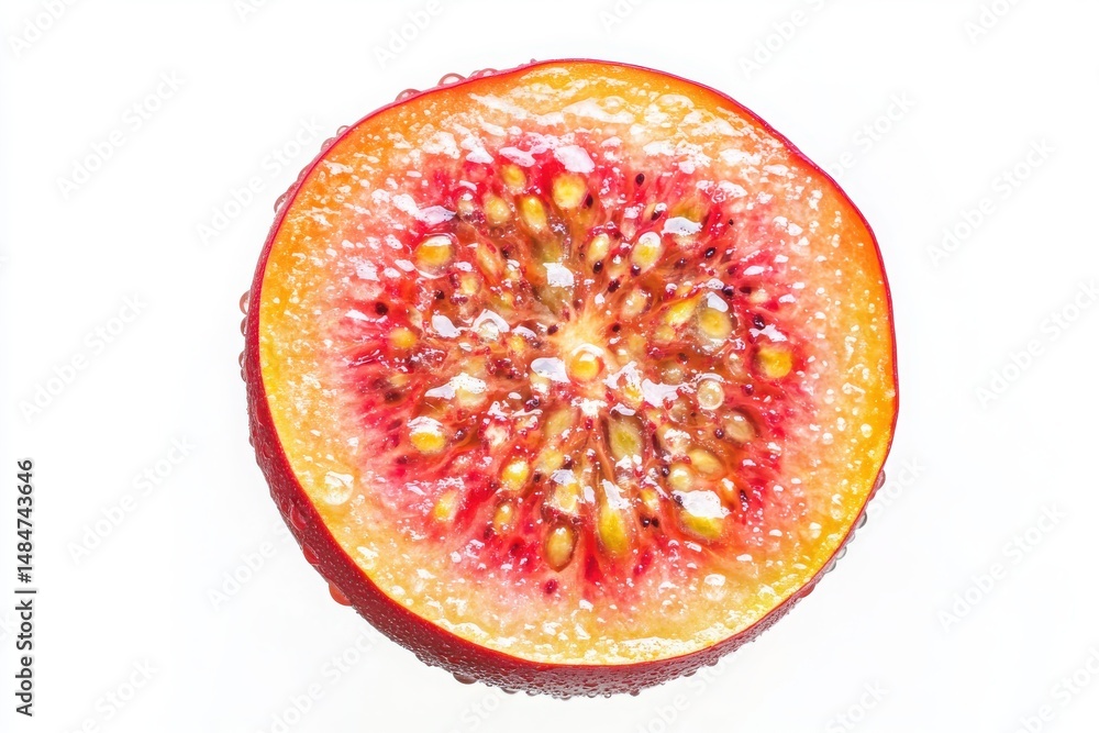 Poster sliced guava with dew drops, a refreshing image of vibrant cut guava, isolated on a pristine white b