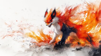 Fiery fox creature in a vibrant explosion of orange and white, surrounded by a fiery aura