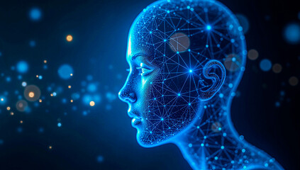 Advanced tech portrait of a human head built from circuit patterns and glowing digital lights