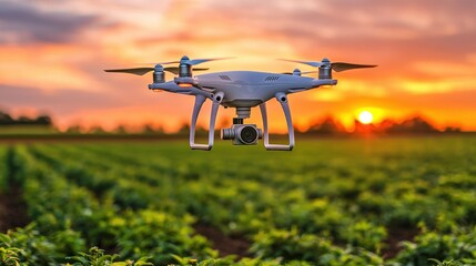 Drone surveying a field at sunset