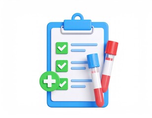 Fototapeta premium Medical Checklist: 3D Render of Clipboard, Test Tubes, and Checkmarks