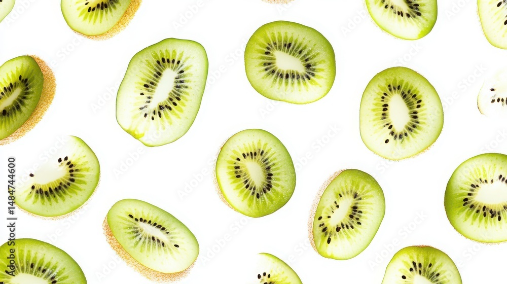 Poster sliced kiwi cluster, a refreshing arrangement of vibrant cut kiwi, neatly grouped and isolated on a 