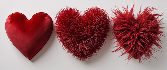 A trio of red heart shapes show textures like fur and spines, side by side.