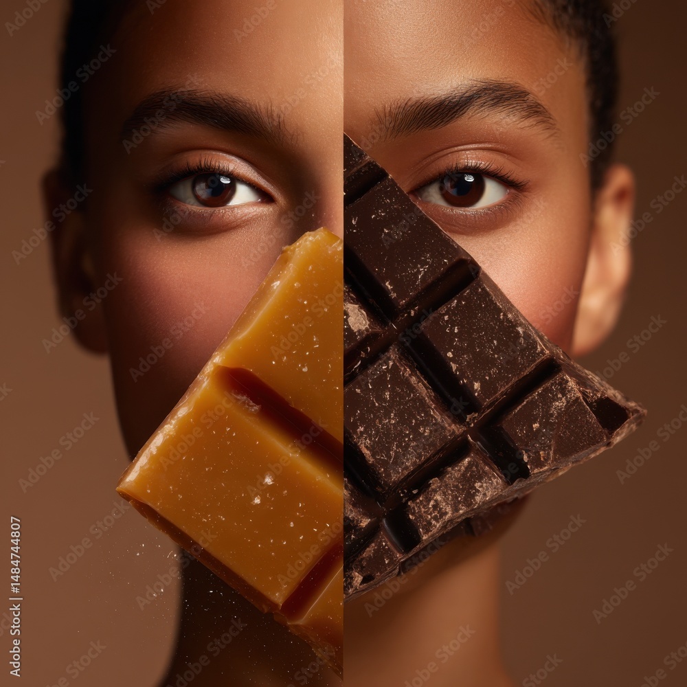 Poster close up portrait of a person's face split vertically between rich caramel and dark chocolate, repre
