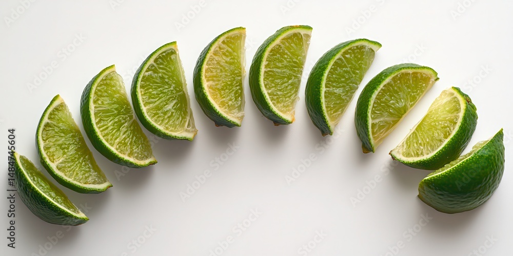 Poster sliced lime arc, a refreshing curve of vibrant cut limes, artfully arranged and isolated on a pristi