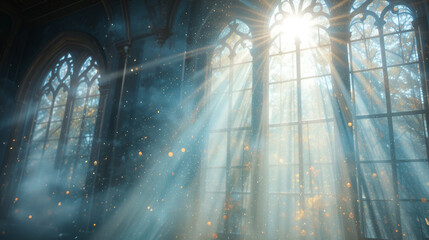 Dust motes illuminated in sunbeams passing through prismatic windows.