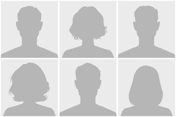 Fototapeta na wymiar Set of six silhouette avatars in a grid format representing anonymous human figures. These neutral avatars are useful for profile placeholders, representing individuality and diversity