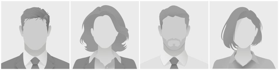 Collection of avatar defoult photo placeholder grayscale anonymous silhouette illustrations displaying individuals in professional business attire. Used for profiles or presentations.