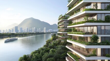 A modern cityscape with a river and mountains in the background.