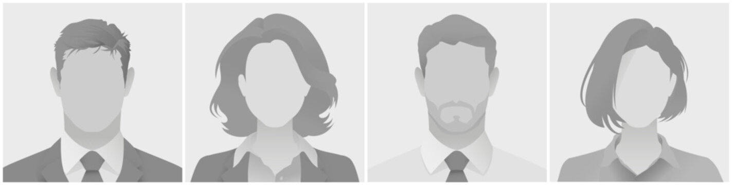 Collection of avatar defoult photo placeholder grayscale anonymous silhouette illustrations displaying individuals in professional business attire. Used for profiles or presentations.