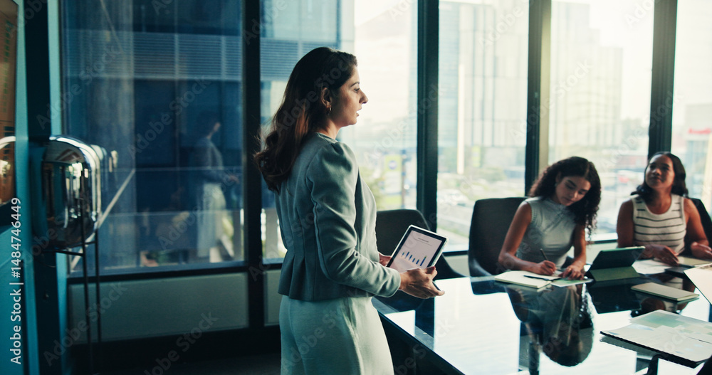 Poster boardroom, presentation and woman with tablet, group and data analyst with info, graphs and online. 