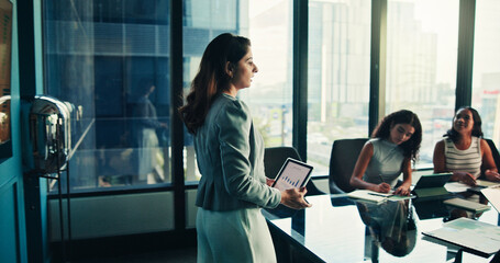 Boardroom, presentation and woman with tablet, group and data analyst with info, graphs and online....