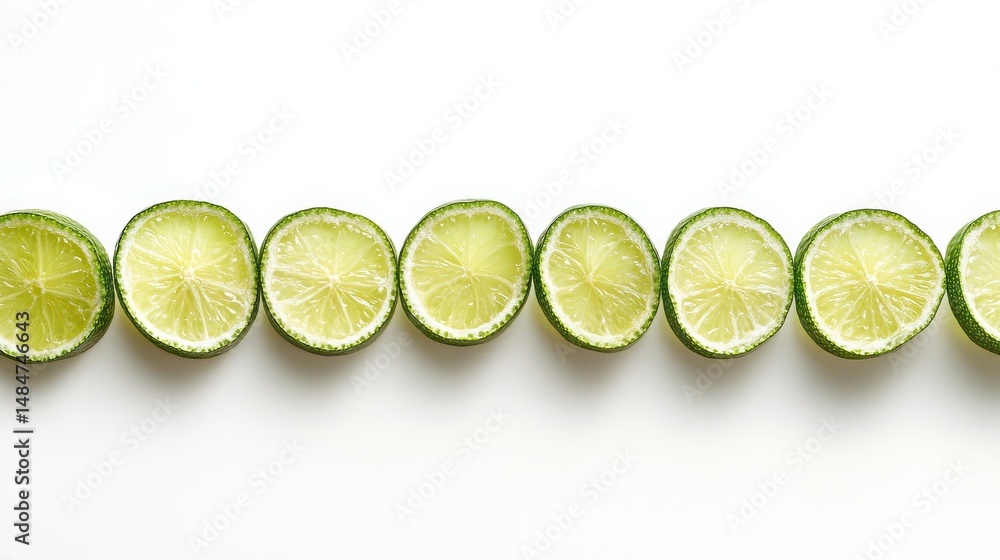 Poster sliced lime line, a refreshing row of vibrant cut limes, neatly arranged and isolated on a pristine 