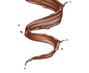 Liquid chocolate swirl in dynamic motion with realistic texture and rich brown color on clean white background. Perfect for food and dessert concepts.