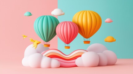 Colorful hot air balloons in a whimsical sky with clouds and vibrant rainbow shapes in playful pastel tones